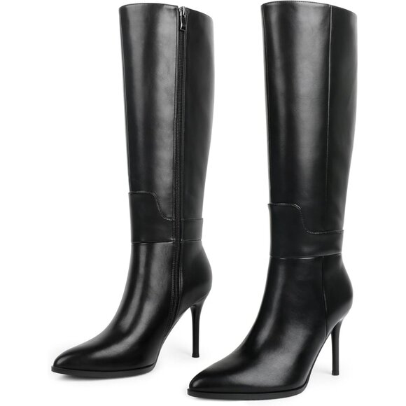 Women's Black Stiletto Knee High Closed Toe Long Boots Side Zipper Dress Boots - Picture 1 of 9